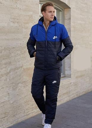 Теплий спортивний костюм овчина фліс синій хакі зелений зима дутик з капюшоном куртка худі штани синтепон батал великі оверсайз під бренд найк nike