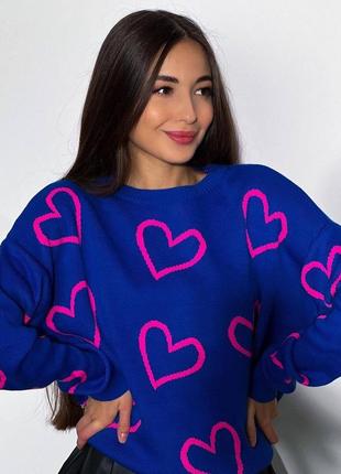 🤍трендовый мягкий свитер в сердечко, цвет: синий, черный, розовый, размер-оверсайз