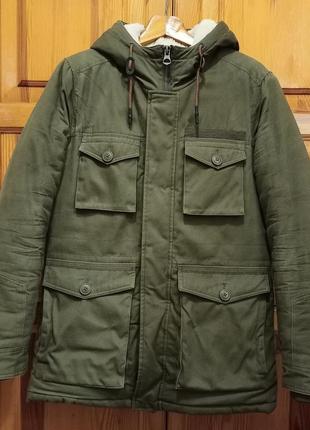 Теплая качественная зимняя куртка пуховик мех. чел. м, темно-зеленый хаки!1 фото