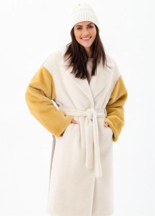 Шуба - пальто женское миди эко альпака, утепленное, белое - бежевое - капучино, теплое, зимнее4 фото