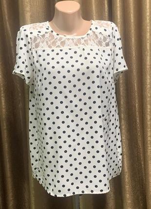 Белая блузка в черный горошек с красивым кружевом на плечах, разыир 2xl