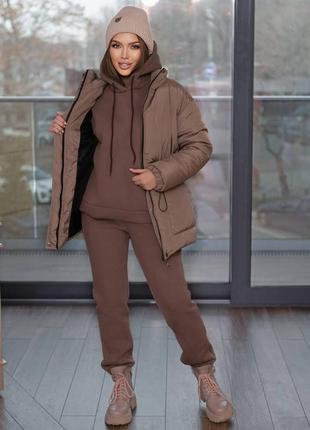 Костюм тройка  не кашлатится курточка и спортивный костюм синий черный коричневый хаки зимний тёплый стильный базовый универсальный