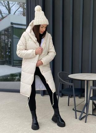 Курточка удлиненная теплая зимняя стеганая с капюшоном белая бежевая черная коричневая парка пальто пуховик шубка шуба3 фото