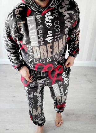 М'яка тепла піжама чоловіча якісна з капюшоном зимова з двостороннього плюшика dream