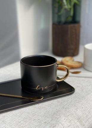 Кружка з блюдцем та ложкою "love", чорний 200 мл
