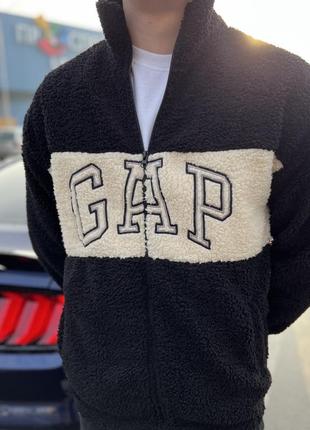 Новинка! трендовая плюшевая кофта в стиле gap с вышитым логотипом тепла на молнии качественная зимняя с воротником