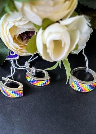 Набор серебряный серьги и кольцо 18.5 размер, с золотой пластиной