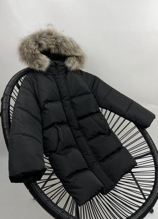 Зимове пальто чорне з єнотом на флісі до -30 морозу