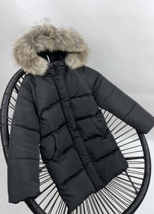 Зимове пальто чорне з єнотом на флісі до -30 морозу6 фото