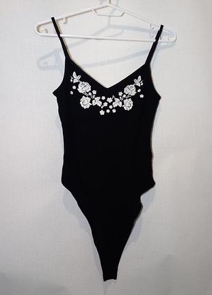 Боді у рубчик з вишивкою topshop