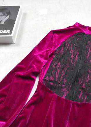 Розкішна святкова оксамитова сукня-футляр ягідного кольору з пишними рукавами-буфами6 фото