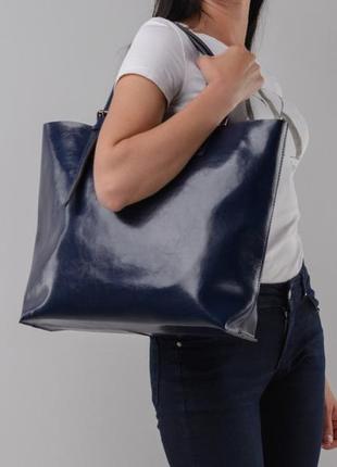Містка стильна темно-синя кежуал сумка шоппер тоут натуральна шкіра handmade