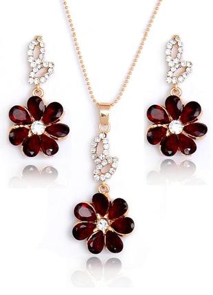 🏵️набір - кулон на ланцюгу і сережки квіти гранат, новий! арт.9353