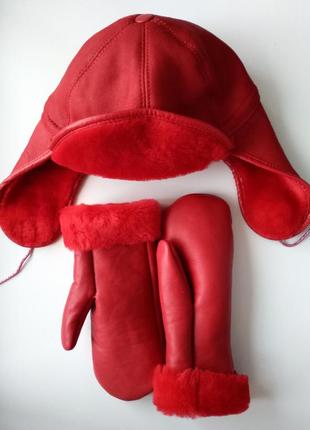 Шкіряна зимова шапка з вушками та рукавиці натуральна овчина дитяча р.53\xs