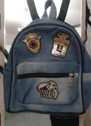 Джинсовый удобный лёгкий рюкзак ,с нашивками ,восточный1 фото