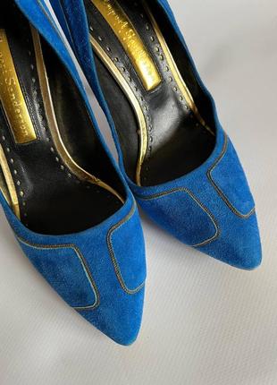 Туфли лодочки натуральные замшевые кожаные с острым носком синие купить цена8 фото