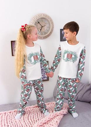 Новорічна тепла піжама з білими ведмедиками, новогодняя тёплая пижама с начесом