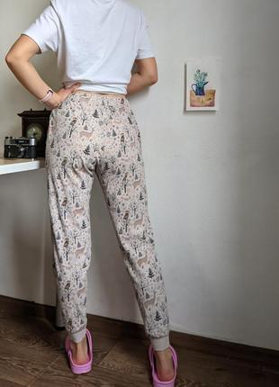 Штаны пижама хлопок м на резинке джоггеры домашние олени сова бежевые карманы8 фото