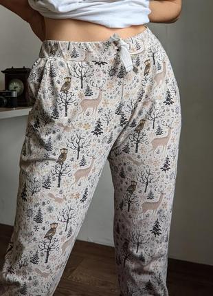 Штаны пижама хлопок м на резинке джоггеры домашние олени сова бежевые карманы1 фото