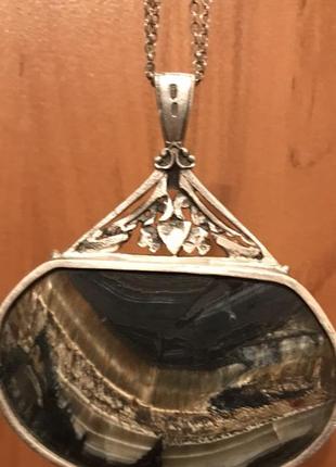 Уникальный серебряный очень большой кулон питерсит соколый глаз3 фото