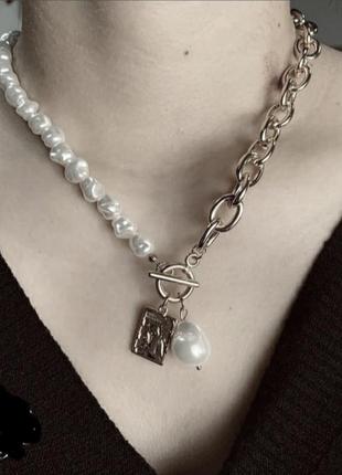 Ожерелье колье цепочка с жемчугом серебристая1 фото