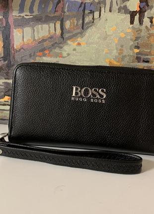 Шкіряний чоловічий клатч гаманець чорний із ручкою портмоне