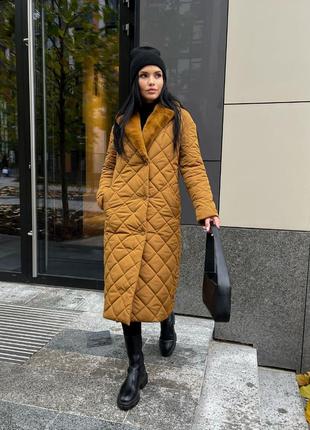 Пальто жіноче стьобане зимове тепле, міді, нижче коліна, з хутром на комірі, однотонне, індиго2 фото