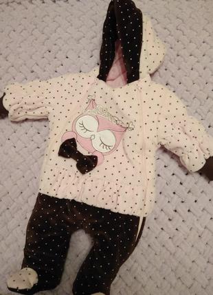 Комбинезон теплый велюровый сова, совушка для девочки. 62-68 см.