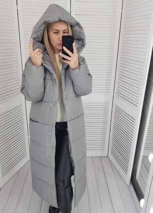 Зимове тепле довге пальто жіноче сірий пряме з капішоном женское длинное пальто серый зимнее