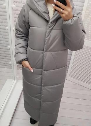 Зимнее теплое длинное пальто женское серое прямое с капишоном женское длинное пальто серое зимнее5 фото