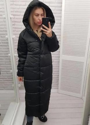Зимове тепле довге пальто жіноче чорний пряме з капішоном женское длинное пальто черное зимнее3 фото