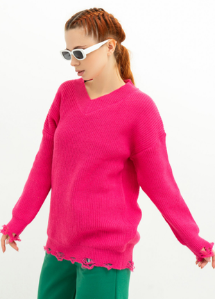 Теплый вязаный пуловер оверсайз с перфорацией 4 цвета2 фото