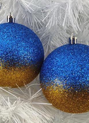 Набор новогодних игрушек, шары на елку в упаковке 6 шт., пластик, сине-желтыми блестками