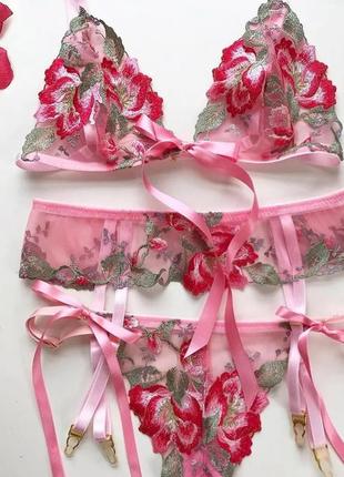 Комплект жіночої сексуальної білизни з мережива рожевий синій з поясом для панчіх розмір 70а 75а 70в3 фото
