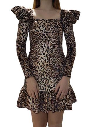 House of stars фірмове плаття міні коротка сукня жіноче з квадратним вирізом в леопардовий принт леопард з воланами на рукавах велюрове стильне модне