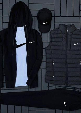 Чоловічий спортивний костюм nike 5в1 весняний осінній lock комплект найк худі+штани+футболка+кепка+жилетка чорний