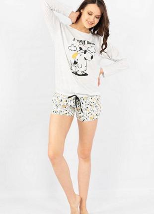 Молодёжная серая женская пижама, домашние шорты и кофта с длинным рукавом