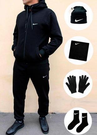 Чоловічий зимовий спортивний костюм nike на флісі чорний | теплий набір найк 5в1 шапка + баф + рукавички + шкарпетки