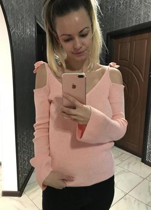 Мегакрутая кофта свитер свитшот/ открытые плечи/ розовый/в рубчик/тренд сезона актуально1 фото