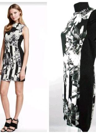 Цена снижена! платье, с цветочным принтом, стройнящее, футляр, черно-белое1 фото