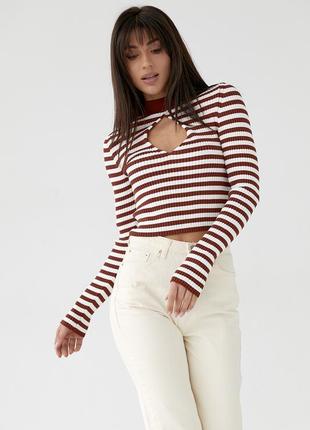 Полосатая водолазка с вырезом, коричневая - арт. 1991