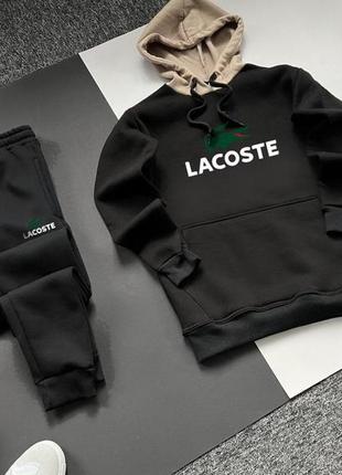 Мужской зимний спортивный костюм lacoste черный | комплект лакост худи и штаны на флисе