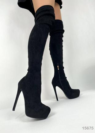 15675👠женские ботфорты черные на каблуке