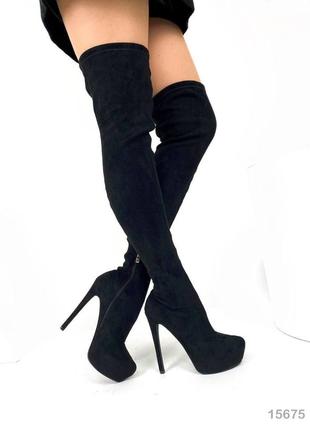 15675👠женские ботфорты черные на каблуке
