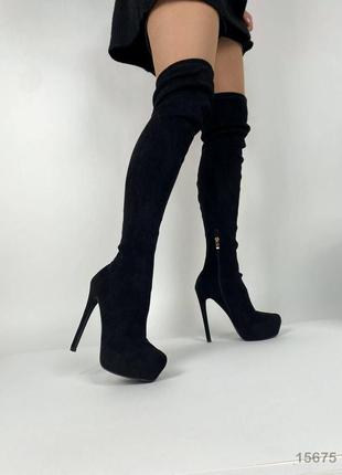 15675👠женские ботфорты черные на каблуке