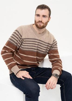Бежевый шерстяной пуловер с полосками1 фото