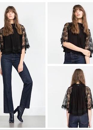 Черная блузка вискоза гипюровые рукава вечерняя zara
