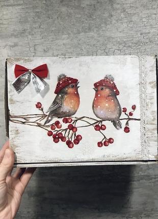 Подарочная коробка праздничная новогодняя «зимние птички» хендмейд, ручная работа