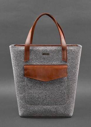 Фетровая женская сумка шоппер с кожаными коричневыми вставками, шопер из фетра и натуральной кожи