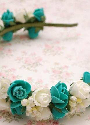 Обруч/обідок з квітами подвійний кремово-смарагдовий
